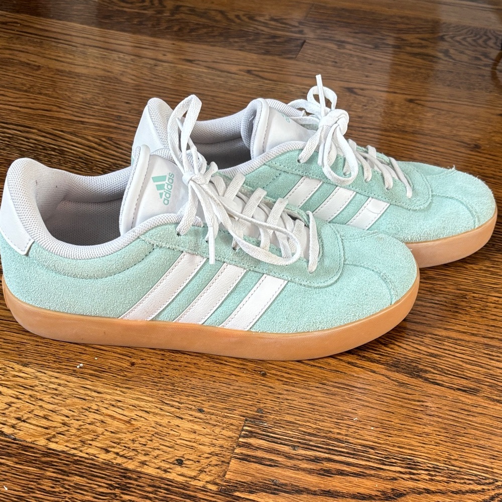 adidas Mint Green Suede Sneakers with White Stripes and Gum Sole